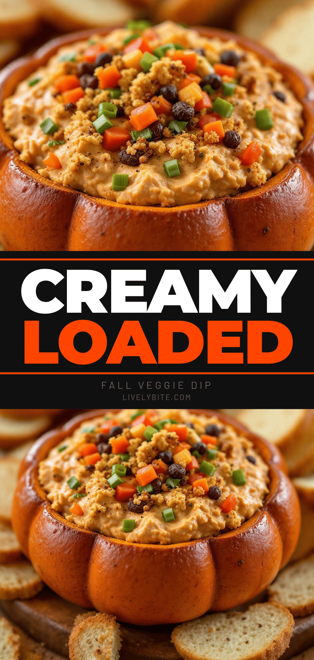 Creamy Loaded Fall Veggie Dip in Pumpkin Bread Bowl recipe