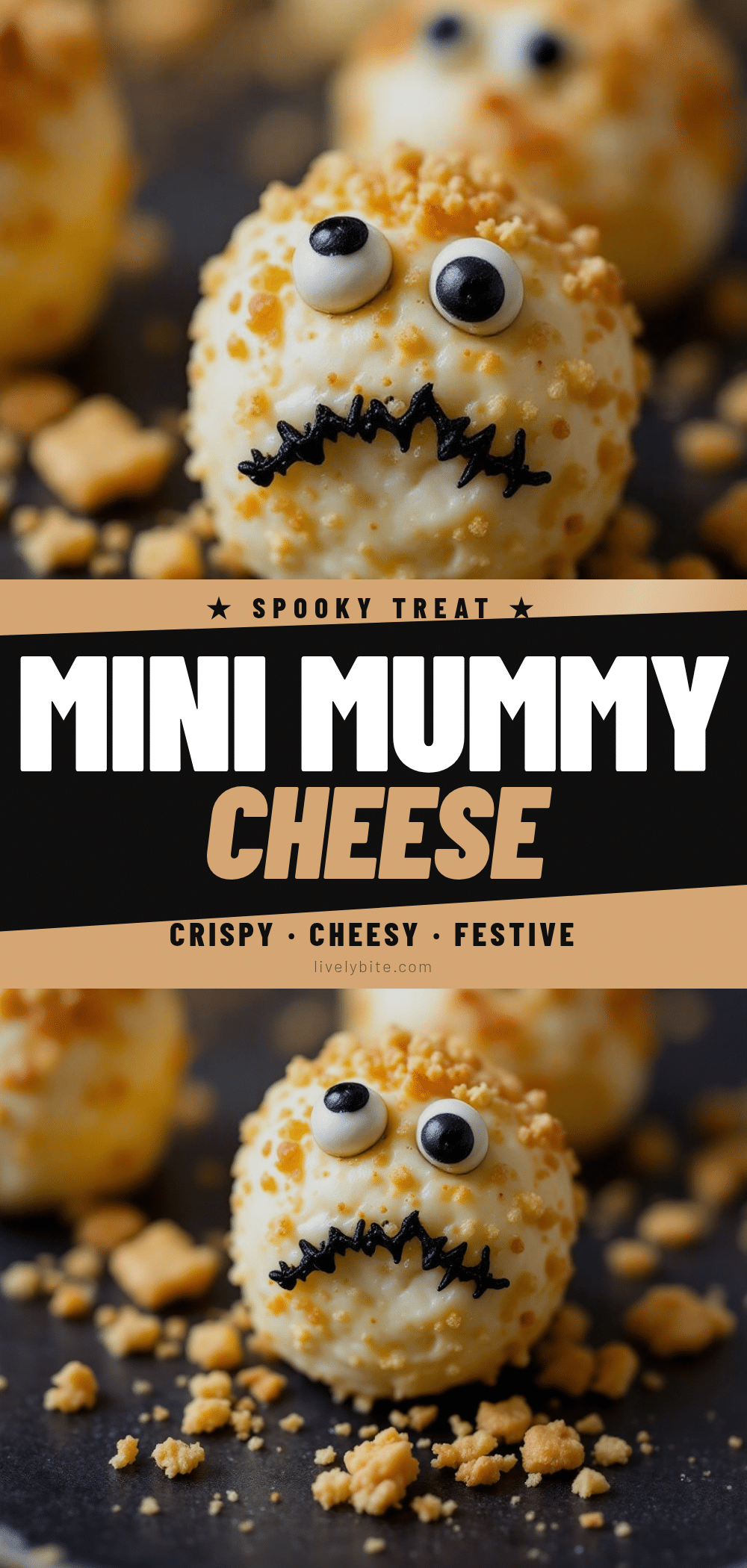 Crispy Mini Mummy Cheese Ball Bites recipe